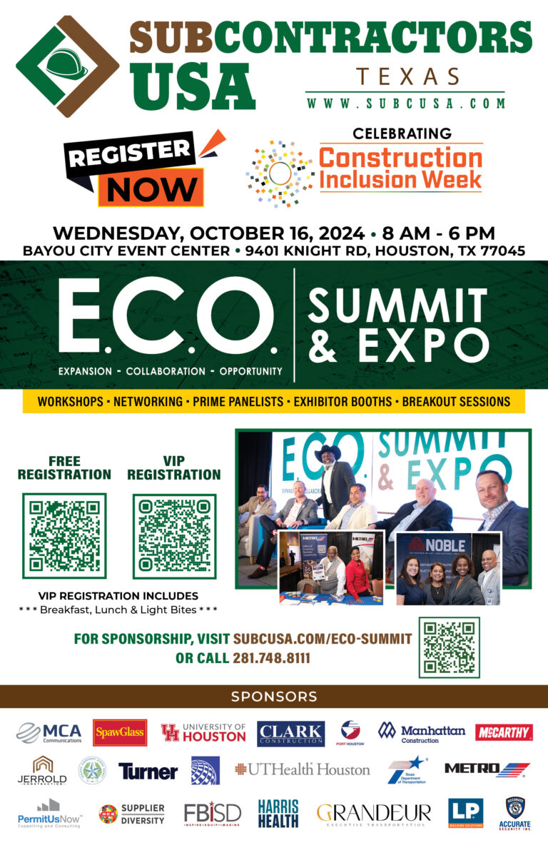 Houston – Subcontractors USA-Texas Hosting E.C.O. Summit & Expo | LEARN HOW TO REGISTER HERE