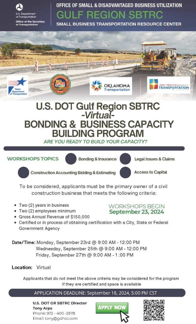 U.S. DOT Gulf Region SBTRC Hosting Virtual Bonding & Business Capacity Building Program