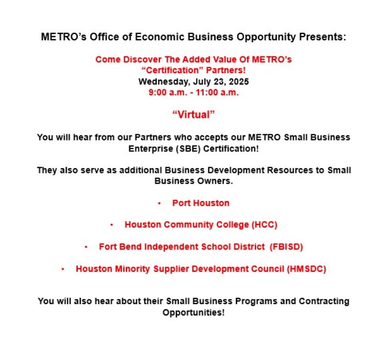 Houston, TX - METRO MBU - Virtual Come Discover the Added Value of METRO's Certification Partners 1 METRO - Virtual Training Come Discover The Added Value of METRO's Certification Partners