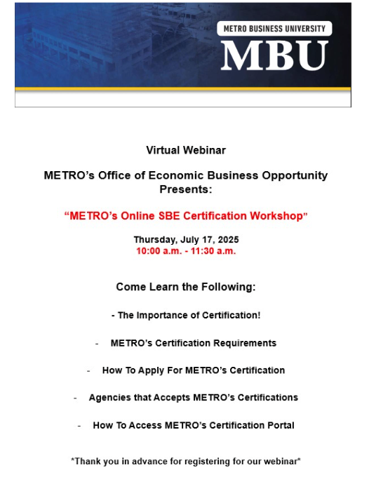 METRO's Office of Economic Business Opportunity Online SBE Certification Workshop