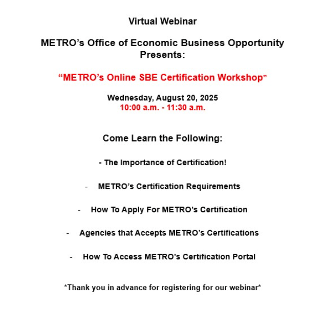 METRO's Online SBE Certification Workshop