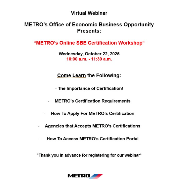 METRO - Virtual Online SBE Certification Workshop