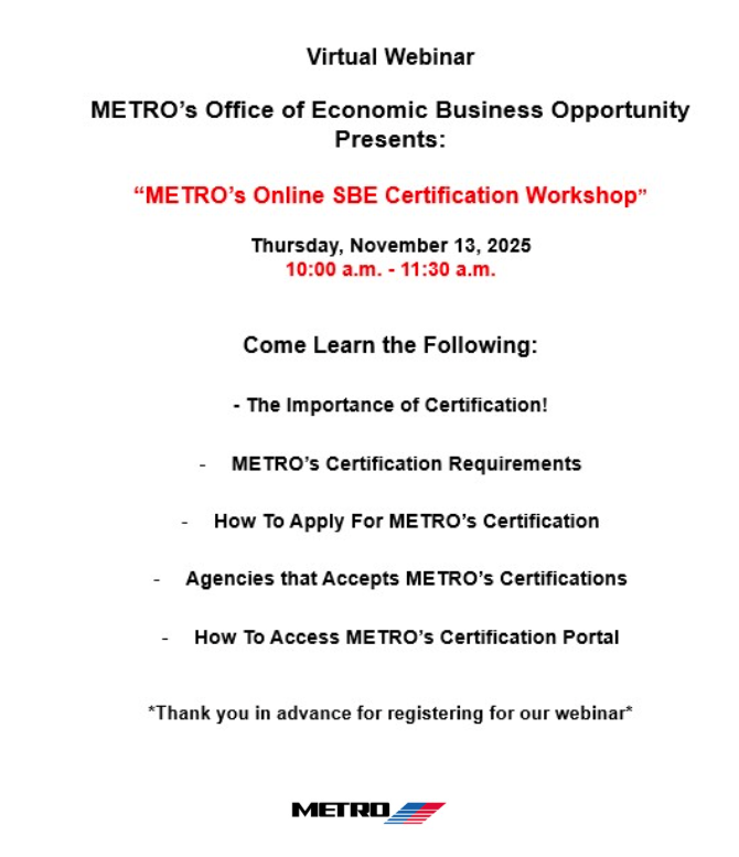 METRO'S Online SBE Certification Workshop