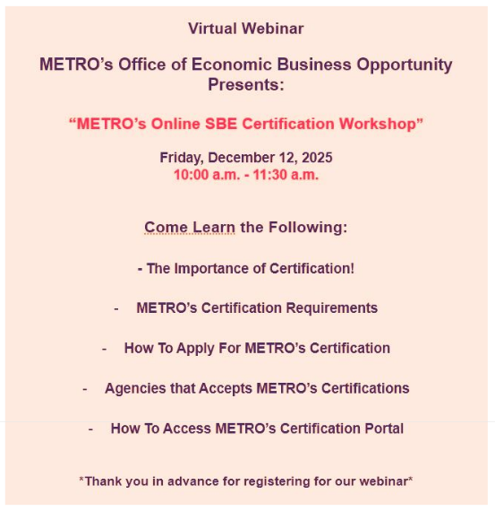 METRO's Online SBE Certification Workshop