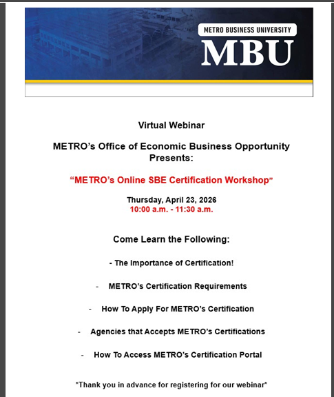 METRO's Online SBE Certification Workshop