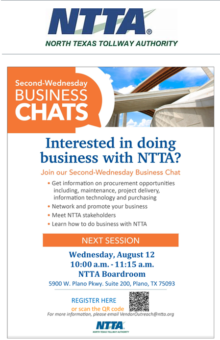 PLANO,TX- NTTA PRESENTS: SECOND WEDNESDAY BUSINESS CHATS 1 Plano, Tx - NTTA Presents: Second Wednesday Business Chats